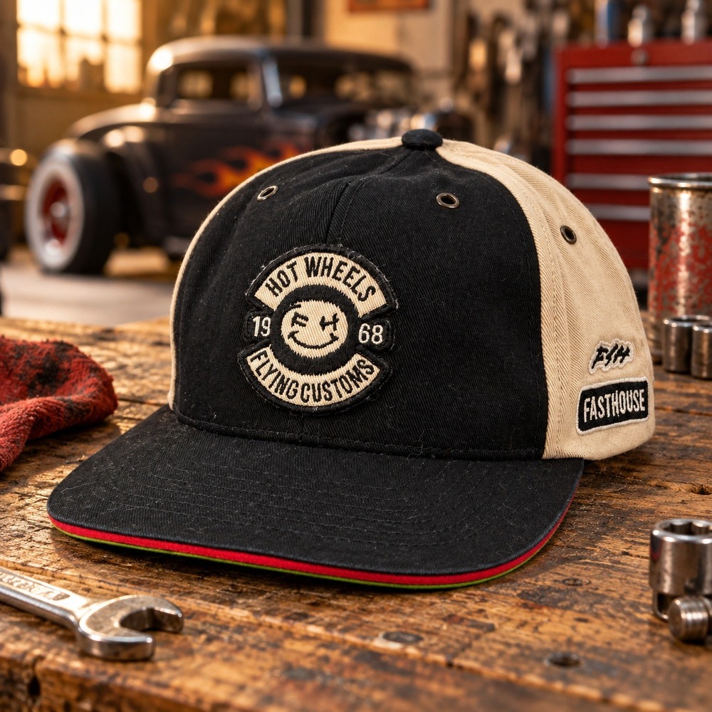 Fasthouse Hot Wheels Flying Customs Snapback Hat Black Tan Flat Brim Cap OSFM